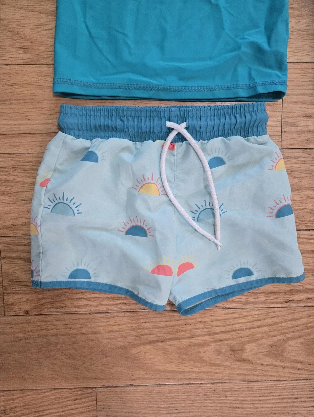 Bonbon Kids Long Sleeve Turquoise Rash Guard & Sunrise Print Swim Set 3T-4T